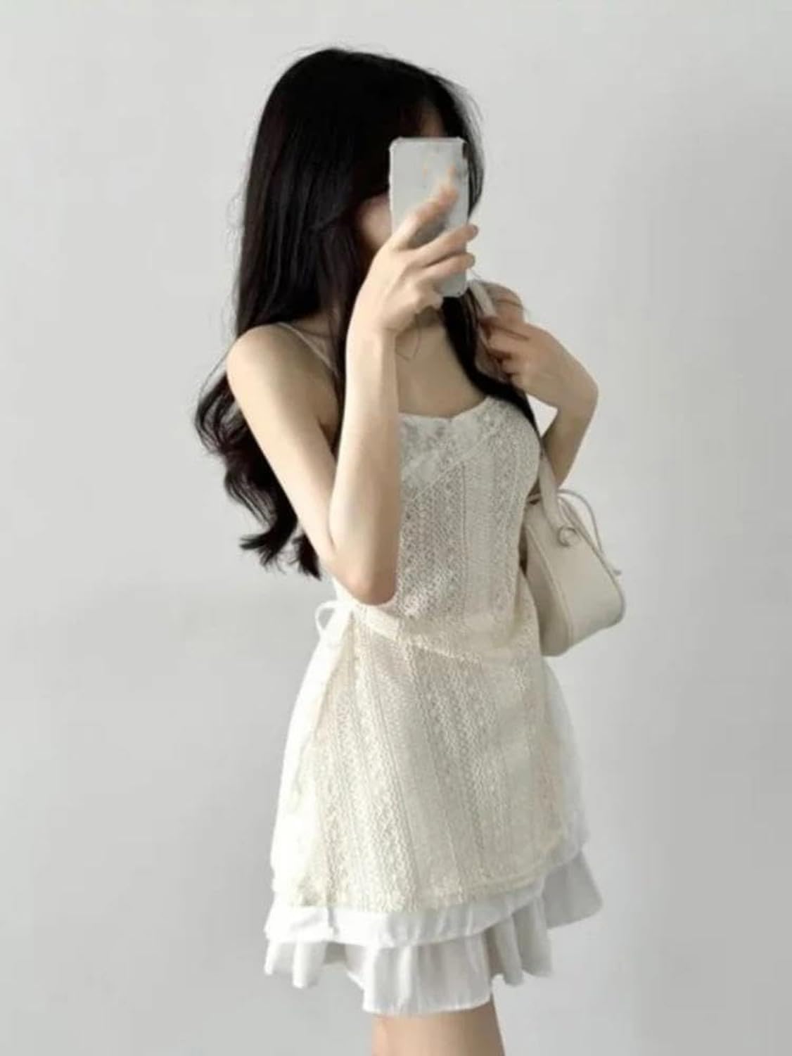 Vestido Mujer Cordón Lazo Irregular Falda A Línea Túnica Transparente Casual, Cremoso-Blanco, L