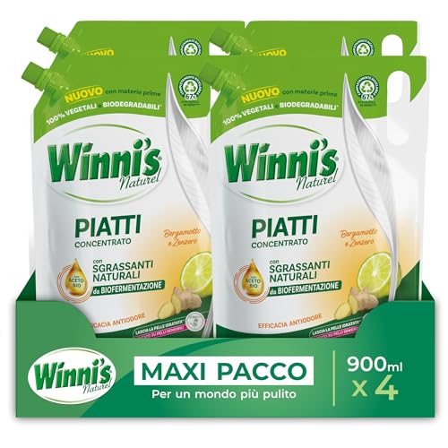 Winni's - Detersivo Piatti a Mano in Ecoformato, Concentrato, Ipoallergenico, con Sgrassanti Naturali da Biofermentazione, Bergamotto e Zenzero, Materie Prime di Origine Vegetale, 900ml x 4 Confezioni