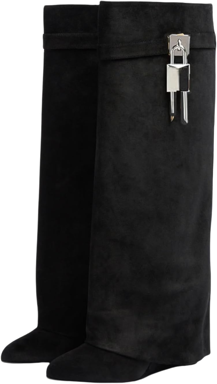 keleimusi Women's Knee High Suede Fold Over Boots for Women Pointy Pull-on Covered Wedge Heel PadLock Knee Shark Boots Wide Calf Sexy Tall Booties Party Shoes