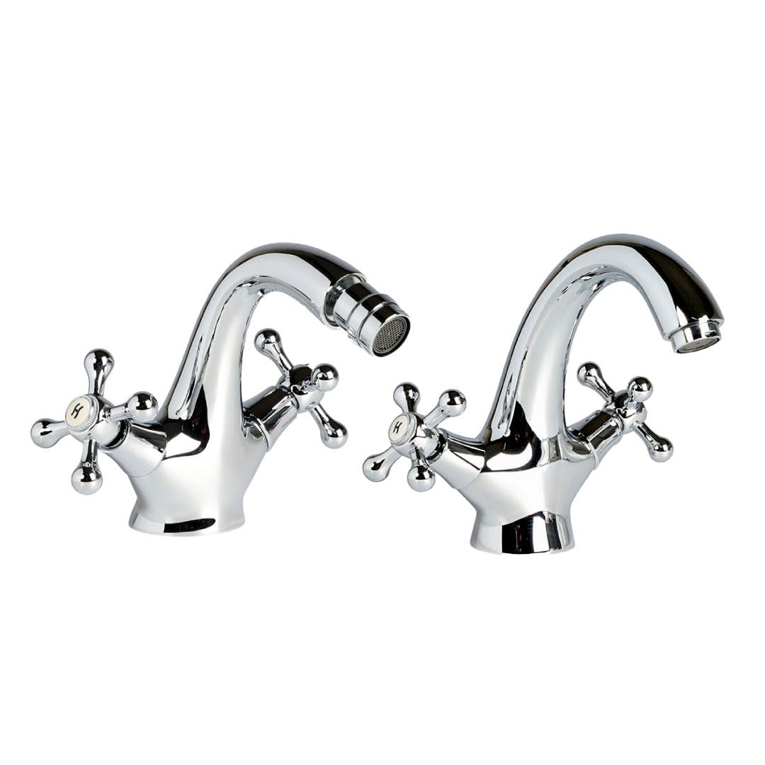 Kiamami Valentina - Rubinetto Lavabo e Bidet | Stile Retrò | Manopola a Croce | Finitura Cromata | Con Piletta in ABS e Flessibile | Set di 2
