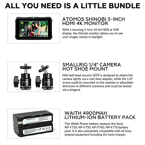 Atomos Shinobi 5-Inch 4K Photo And Video Portable Monitor | 1920 X 1080 Touchscreen Display Video Monitors With Hdmi 2.0 In/Out | Smallrig Camera Hot Shoe Mount, Battery & Charger Bundle Set #TOP1