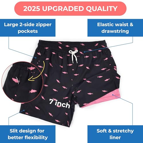 Babeeni Shark Swim Trunks Men’s 7 Inch– Men’s Swimwear with Compression Liner, Quick Dry Mens Swim Shorts with Zipper Pockets2