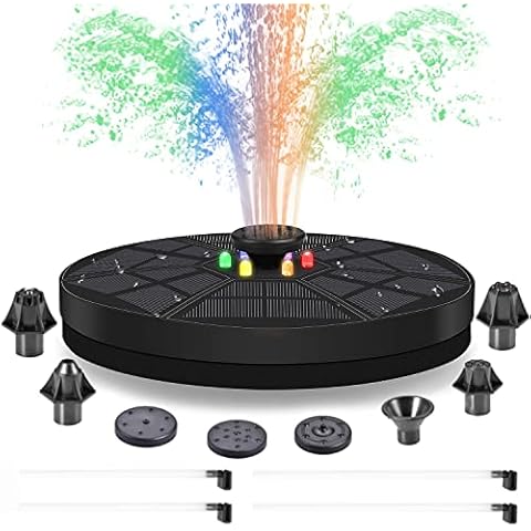 Solar Water Fountains with 6 Color LED Lights, 3W Solar Fountain Pump with 1500mAh Built-in Battery, Round Shape Solar Water Pump with 7 Nozzles + 4 Anti-Collision Bar for Bird Bath,Ponds,Gardens Cover