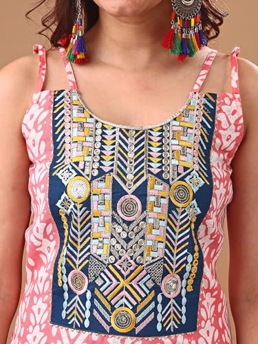 Image of EthnicJunction Women's Cotton Blend Straight Fit Straight Embroidered Batik Print Shoulder Straps Kurta | Navratri Special Kurta