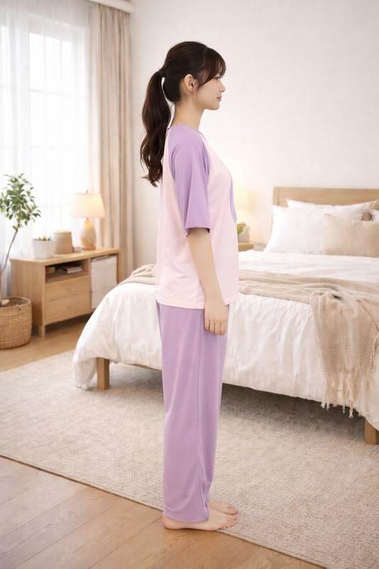 Image of Women's Pajama Set, Soft Breathable Korean Style Nightsuit with Top & Full Pants, Lightweight Loose Fit Nightwear & Loungewear for Girls & Women.