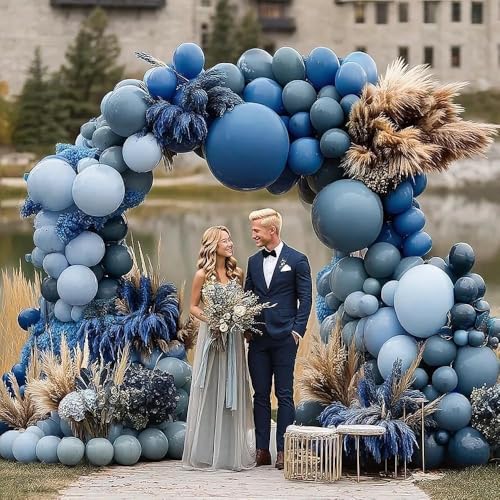 Image of Dusty Blue Balloon Arch Double Stuffed Light Dark Blue Balloons Different Size Blueberry Balloon Garland Kit for Baby Shower Birthday Wedding Bridal Graduation Party Decorations