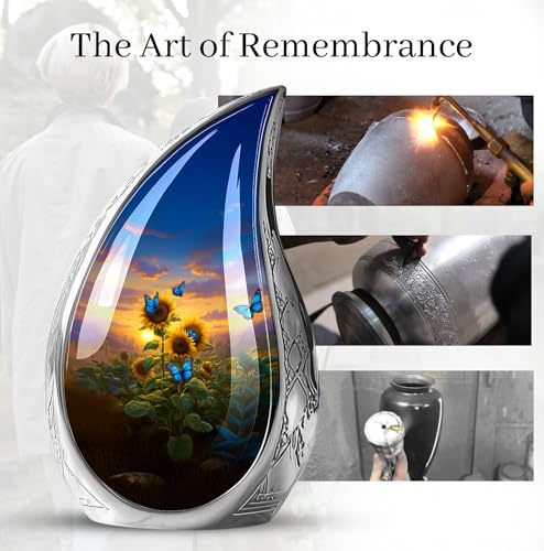 Image of Teardrop Sunflower with Butterfly Urn for Ashes for Women - Blue Urns for Ashes Adult Female Mother - Sunflower Urn for Human Adult Male - Large Decorative Urns for Mom and Dad 10inch