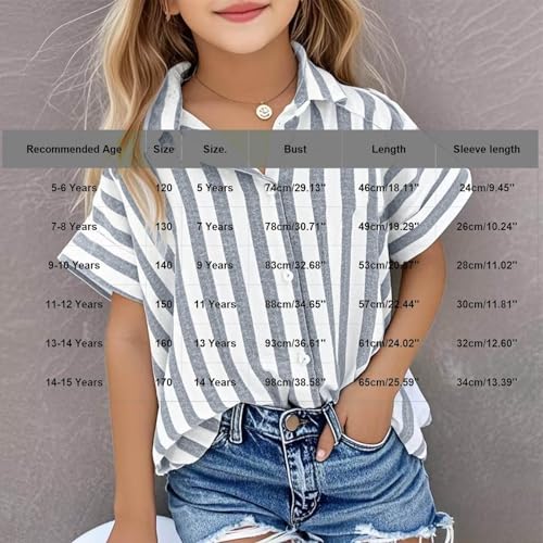 Boys Girls Striped Button Down Shirt Short Sleeve Summer Tops Collared V-Neck Tees Blouse 5-15Y3