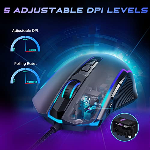 Redragon Gaming Mouse, RGB Gaming Mouse Wired with 9 Programmable Macro Buttons, Chroma RGB Backlit, 8000 DPI Adjustable, PC Gaming Mice with Fire Button for Windows/Mac, Black, M910-K - Image 4