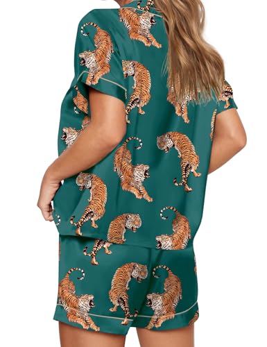 Image of SHESHOW Satin Pajamas for Women Set Preppy Animals Pjs Short Sleeve Shorts 2 Piece Loungewear Sets XS-XXL