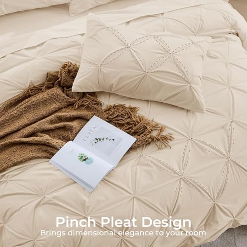 Image of Sasttie King Size Comforter Set, 7-Piece Bed in a Bag, Pintuck Bedding Set for All Season, Includes Comforter, Flat Sheet, Fitted Sheet, Pillowcases and Pillowshams, Warm Beige