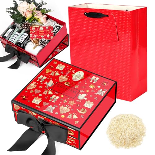 JiaWei ギフトボックス 蓋付き 磁気，ギフトバッグリボン パッケージボックスセット，付き手提げ用，細断紙グリーティング 24 x 24 x 9.5cm, 高級プレゼントぼっくす 箱, 蝶結び 贈り物, プレゼントボックス, 結婚式, 花嫁介添人, パーティー (お祝いの赤)