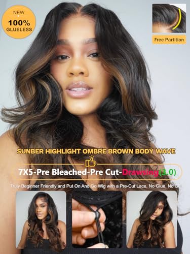 Image of Sunber Ombre Brown Balayage Body Wave Human Hair Glueless Wigs Bye Bye Slip Upgrade 3D Cap Pre Cut 7x5 Lace Front Put On Go 3S Wear Pre Plucked Invisible Knots Highlights Brown Body Wave Wig 18Inch