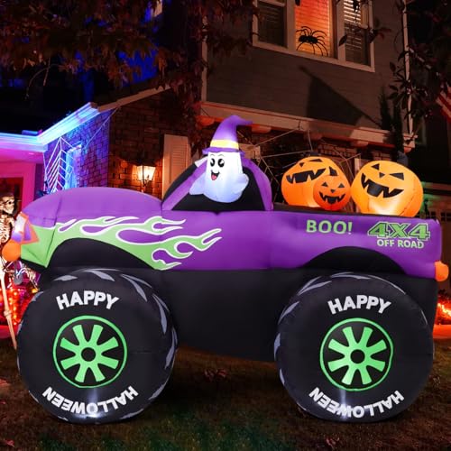 Image of GOOSH 8 FT Long Halloween Inflatables Monster Truck Outdoor Decorations Blow Up Yard Cute Ghost with Pumpkin on Truck Car with Built-in LEDs for Garden Lawn Indoor Party Decor