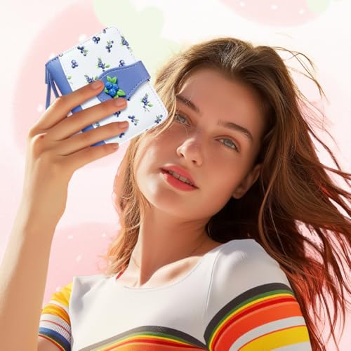 Cute Print Wallet Blueberry Strawberry Cherry Wallet with Credit Card Slot Zipper Coin Pocket for Women Girls (PURPLE) 6