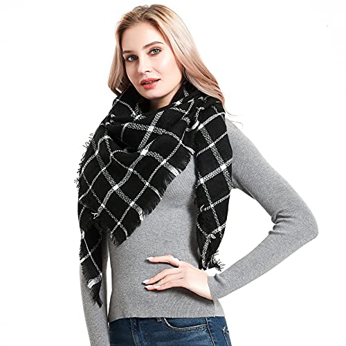 Women's Fall Winter Plaid Scarf Classic Tassel Tartan Warm Soft Chunky Large Blanket Wrap Triangular Shawl Scarves