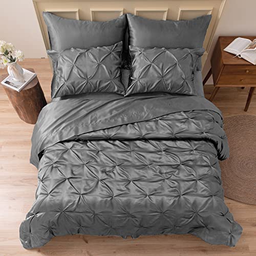MR&HM Satin Comforter Full 7 Pieces - Luxurious Pinch Pleat Bedding Set with Comforter, Flat Sheet, Fitted Sheet, Pillowcases & Shams, Super Silky Soft Bed Set for All Season (Full, Dark Grey)