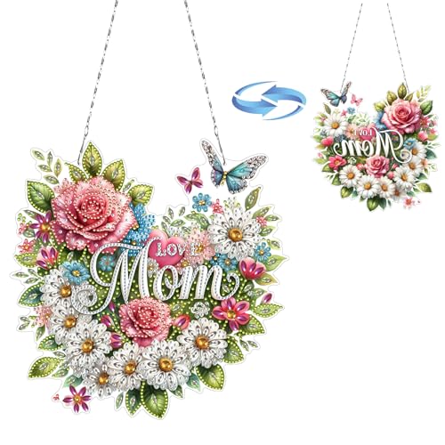 BAYUNOE DIY Hanging Diamond Pendant Mother’s Day Wreath Diamond Art Painting Ornament Double Sided Pattern Single Sided for Window Home Garden Wall Door Decor-Heart Shape01