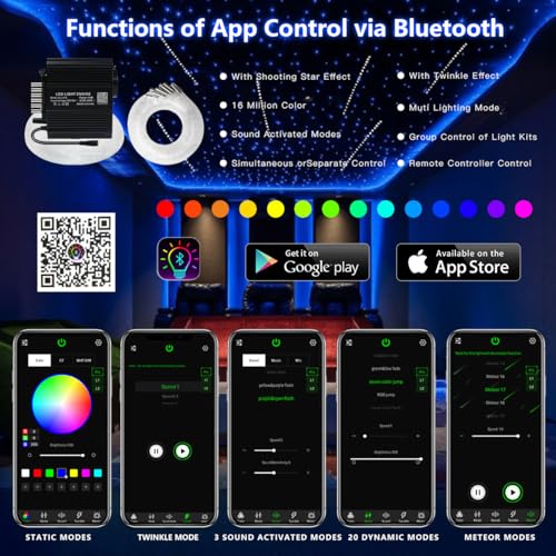 Image of AKEPO 12W Twinkle 450pcs+Meteor 240pcs 2-in-1 Fiber Optic Starlight Headliner Lights Kit, 0.03in 9.8ft Shooting Star APP Control Music Activated Optical Fiber Star Ceiling Light Kits for Home and Car