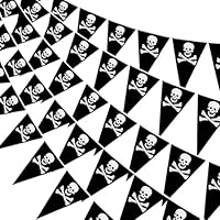 10m/31ft Pirate Skull Crossbones Pennants,Fabric Pirate Party Decorations Supplies Bunting Accessories Halloween Flags Banner,Black White Small Triangle Shape for Kids Theme Party Indoor Outdoor Decor