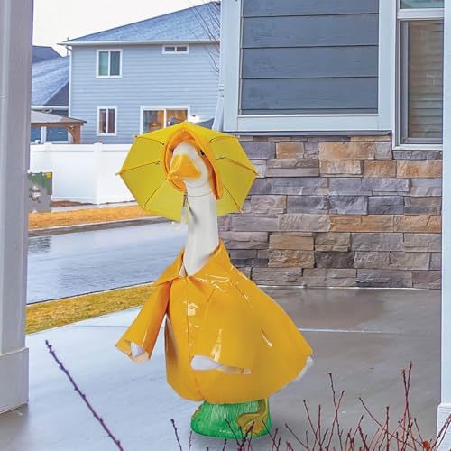 Lawn Goose Raincoat Costume with Umbrella, Yellow Rain Slicker Outfit for 23 Inch White Goose Statue, Polyurethane Weather-Ready Décor — view 6