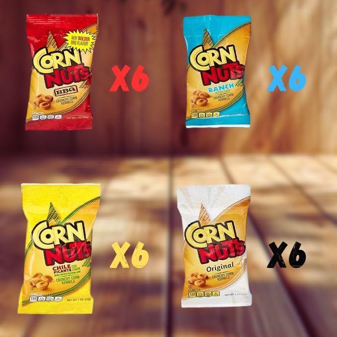Corn Nuts Snack Variety Pack - Crunchy Corn Kernels Assortment (24 Pack) - Original Flavor, Ranch, BBQ, Chile Picante con Limon - Perfect for snacks, office, parties, holidays, gift baskets, college care packages, and movie nights!