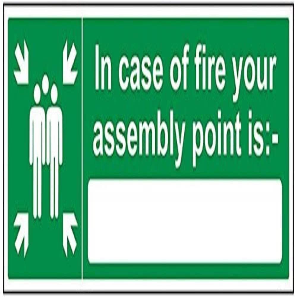 V Safety In Case Of Fire Your Assembly Point Is: Sign - 600mm x 200mm - 1mm Rigid Plastic