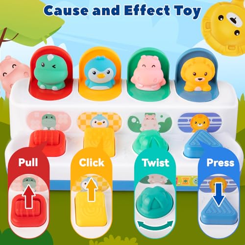 Tovol Zerky Montessori Ursache-Wirkung Spielzeug 12 Monate, Baby Druckknopf Pop-up Tier Spielzeug, Interaktive Sinnes Spielzeuge für Kleinkinder 1 2 3 (Tierfigur)