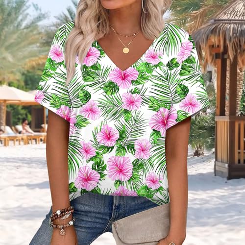 Women Floral Summer Tee Tops Dressy Casual Blouse Short Sleeve V Neck Loose Fit T Shirts Trendy Boho Clothes 20252