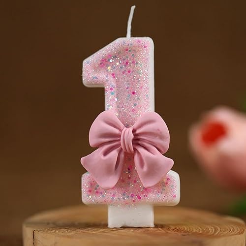 Miniatura 2 de Velas de cumpleaños número 0-9 con purpurina con lazo rosa 3D para decoración de pastel de fiesta de cumpleaños de niña, decoración de baby shower