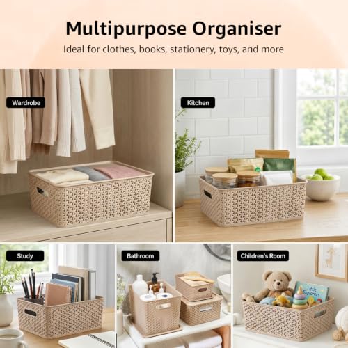 Image of Amazon Basics Set of 3 (Small, Medium, Large) Plastic Storage Baskets with Lid Stackable Shelf Basket, Storage Box & Organiser for Wardrobe, Kitchen,Clothes, Toys, Books, Office (Biscuit, Rectangular)
