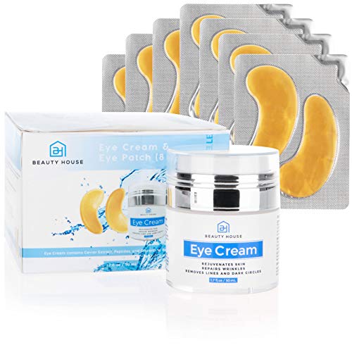 Beauty House Premium Anti Aging Treatment Eye Cream (1.7 oz) with 24K Gold Eye Treatment Masks (8 Pairs) | Under Eye Patches, Dark Circles Under Eye Treatment for Puffy Eyes with Free eBook