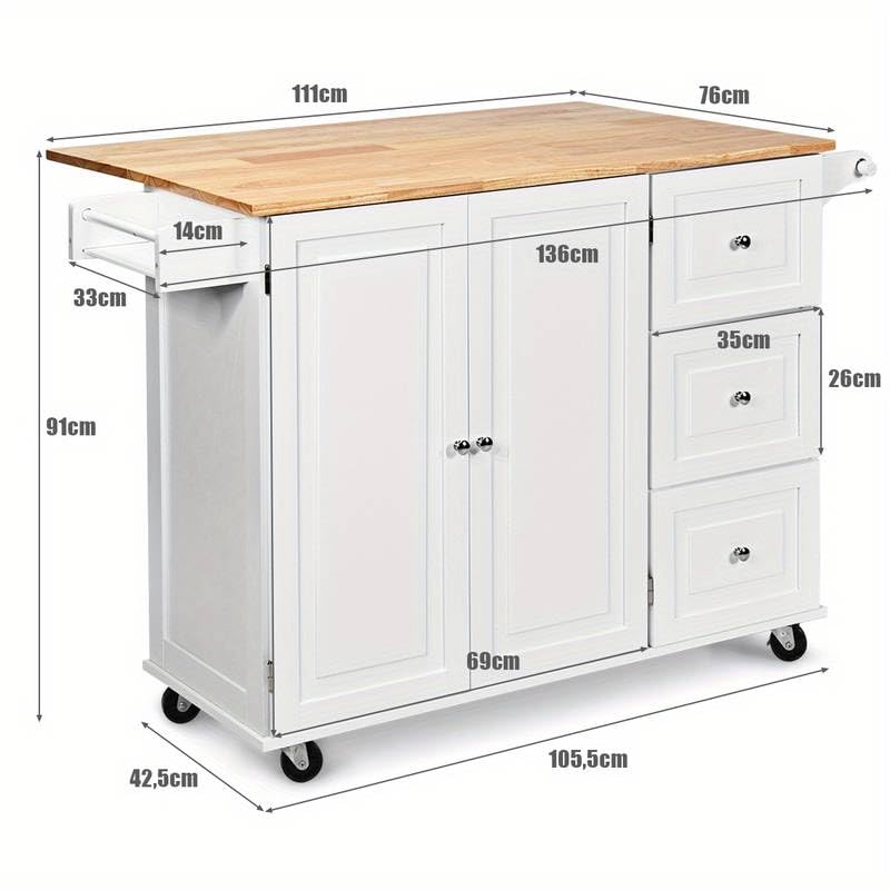 Küchenwagen auf Rollen mit Handtuchhalter, klappbarer Arbeitsplatte und reichlich Stauraum - Kücheninselwagen aus Holz, weiß - Sideboard und Servierwagen (135x76x91cm)