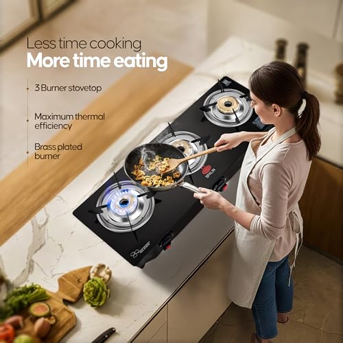 Image of 3 Burner Automatic Gas Stove | Black Crystal Glass Top | Auto Ignition | ISI Certified | High Efficiency Burners | Durable & Easy Clean | Modern Kitchen Gas Stove