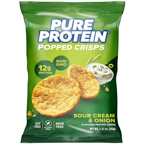 Pure Protein Sour Cream & Onion Popped Crisps - 12g Plant Based Protein Gluten Free Non GMO Vegan Air Popped & Puffed Crisps Healthy Protein Snacks 12 Pack