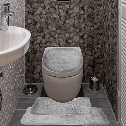 VICASKY 1 Set Badvorleger Plüsch Set rutschfeste Badvorleger Bodenmatte Toilettendeckelbezug Teppichset Badvorleger Sets 3-Teilig Mit Wc-Abdeckung Grau – Bild 6
