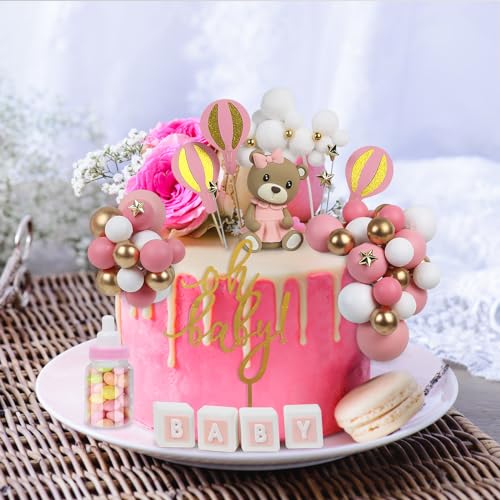 Acmee BEAR CAKE TOPPERS WITH BALLS 44 Pcs Bear Cake Toppers - Mini 3D Bear Baby Letters Milk Bottle Pink Gold Foam Balls Cake Toppers thumb #3