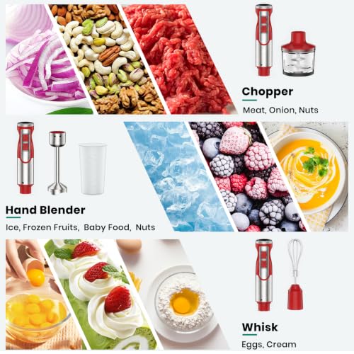 Image of Colarlemo 1800W Immersion Blender Handheld 4-in-1 Hand Blender, Red