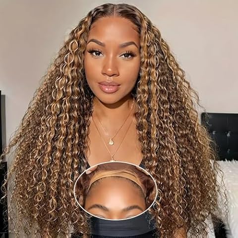 IWISH Highlight 5X5 Ombre Lace Front Wig Human Hair P4/30 Honey Blonde Lace Wigs for Women 28 Inch Deep Curly Wigs Human Hair Wear And Go Glueless Wigs Human Hair Pre Plucked Pre Cut 180% Density … Cover