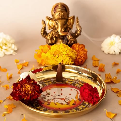 Image of Klassic 6 Inch Handcrafted Brass Thali /Aarti Plate | Cow Design, Beautifully Embossed Colorful Decorative Plate for Puja /Worship, Aarti, Karwa Chauth, Navratri, Diwali Gift | Medium(Pack of 4, Golden)