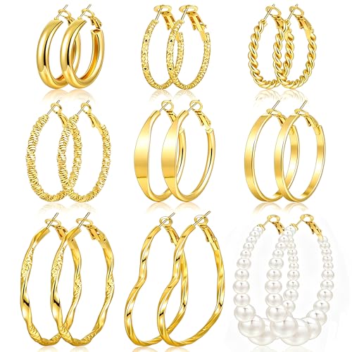 Image of 12 Pairs Gold Hoop Earrings Set for Women, Lightweight Hoop Jewelry