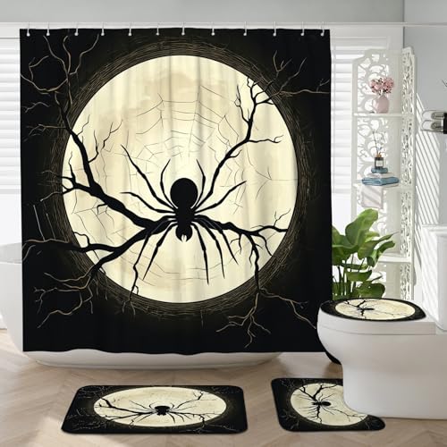 Set di 4 tende da doccia con motivo ragno horror per Halloween, con tappeto antiscivolo, tappetino per copriwater a forma di U, decorazione per il bagno, 183 cm