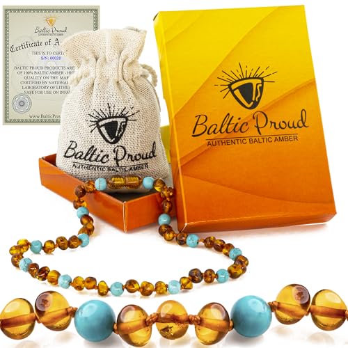 Baltic Proud Amber Necklace (Unisex Cognac Turquoise Polished 12.5 Inches) - Certified Premium Quality Raw Baltic Sea Amber