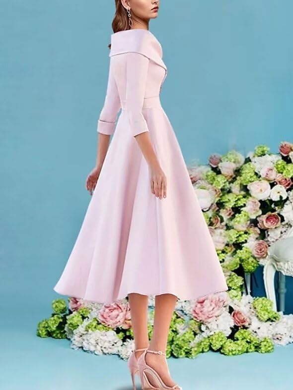 Women's Elegant A Line Satin Mother of The Bride Dress V Neck 3/4 Sleeve Wedding Guest Dresses with Pleat3