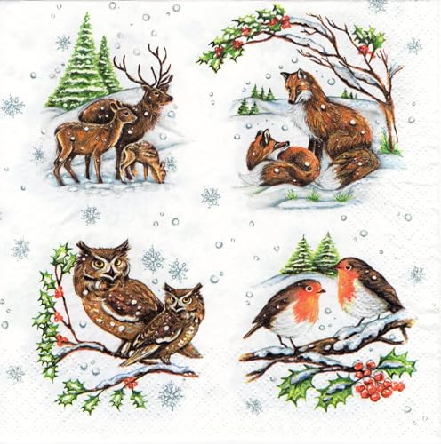 20 Winter Tier Papierservietten Fuchs Eule Reh & Vögel FSC Zertifiziert 3-lagig Hergestellt in der EU Schnee Winterservietten Herbst Geburtstag Party & Decoupage 33 x 33 cm