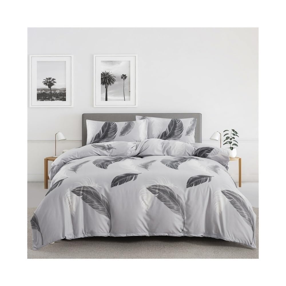 VHKJewE Grey Feather Print Reversible Duvet Cover with Pillowcases 2/3 Pieces Modern Soft Comforter Set Bedding Set(US Queen(229x229cm))