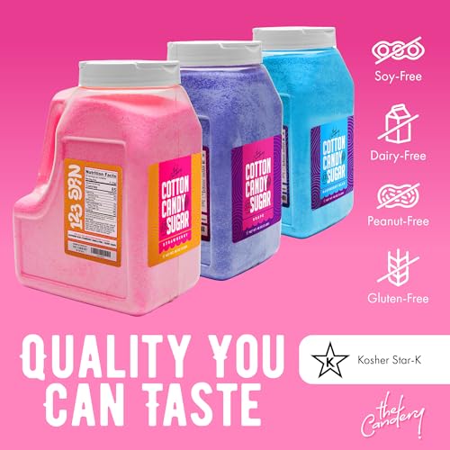 Image of The Candery Cotton Candy Floss Sugar 6lbs 96oz jars- 3 Pack Strawberry, Raspberry Blue and Grape Easy Pour Easy Grip Reusable Jars