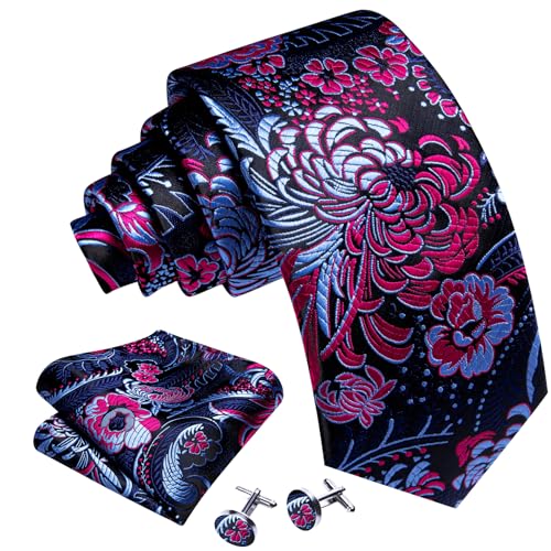 Image of Barry.Wang Flower Ties for Men Silk Woven Floral Tie Sets Necktie Handkerchief Cufflinks Wedding Party