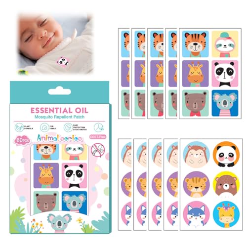 WBZOWRB 60 Piezas Pegatinas Antimosquitos, Parche Repelente, Pegatinas Repelente de Mosquitos de Dibujos Animados, Adecuado para Acampar al Aire Libre para Adultos y Niños