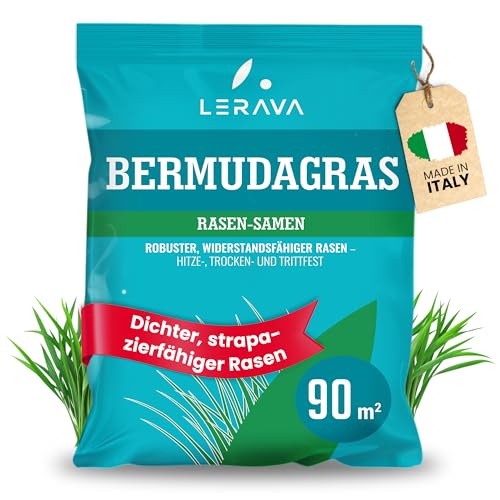 LERAVA Rasensamen Bermudagras (900 g) - Für 90 m² - Extrem trittfest und trockenheitsresistent - Schnellwachsender Rasen für mediterrane und küstennahe Flächen - Spart bis zu 20% Wassera